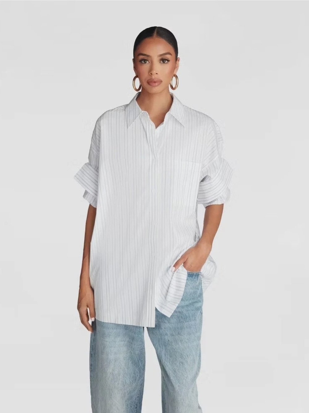 KBB by KAHLANA Women's Tucked Sleeve Striped Button-Down Shirt